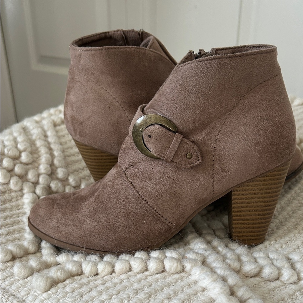 Maurices Taupe Ankle Booties with Buckle Accent Zip up Side, Size 8.5